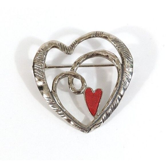 Heart Shaped Silver Toned Red Enamel  Multi Heart Brooch Pin - Love Valentine's - Picture 1 of 9